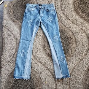 BoohooMan Womens Embroidered Bell Bottom Denim Jeans Size 32